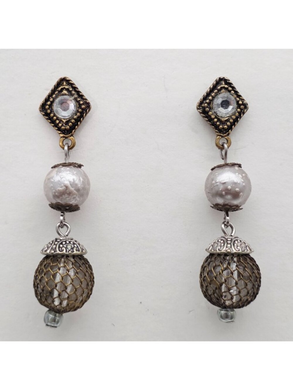 Drop Earrings With Faux Pearls & Mesh Beads Mixed Metal Rhinestone 2" - Picture 2 of 5